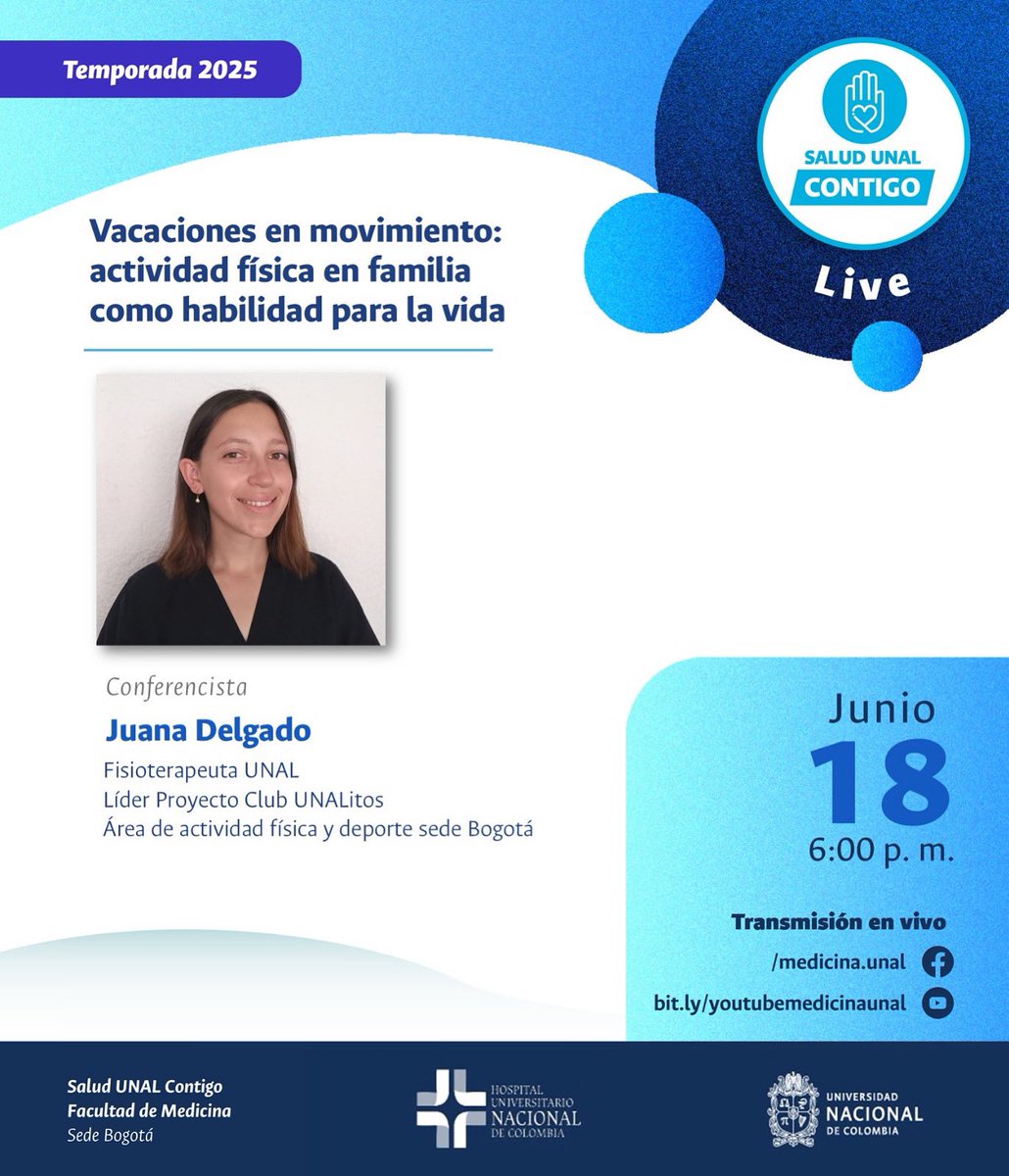 El Área de Actividad Física y Deporte y la Facultad de Medicina invitan a participar de este episodio de #SucLive con la líder del proyecto UNALitos, Juana Delgado. 

Enlace de conexión: youtube.com/watch?v=44vKa9…

¡Te esperamos!