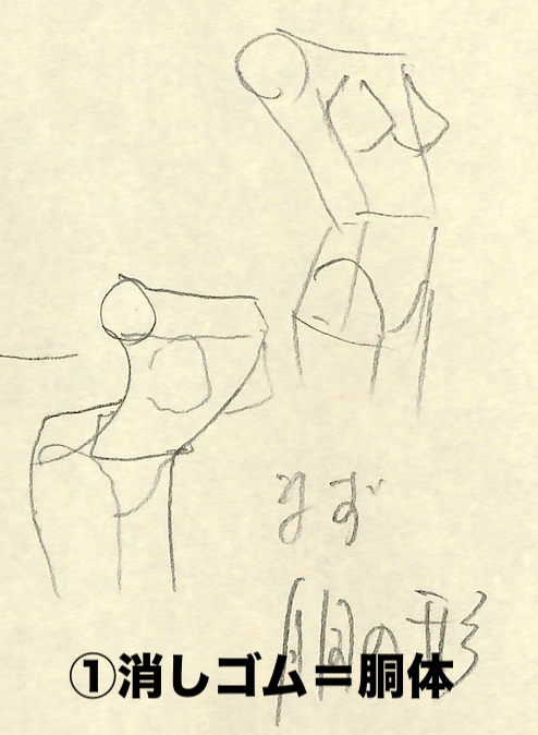 胸の簡単な描き方!!
 ①消しゴム=胴体で簡単な骨格をとる
→その上に胸をのせる
 ②胸、胴体のソリをつけるとバストから腰まで一直線でまとめられる。
 ③お腹のスペースをしっかり作る 