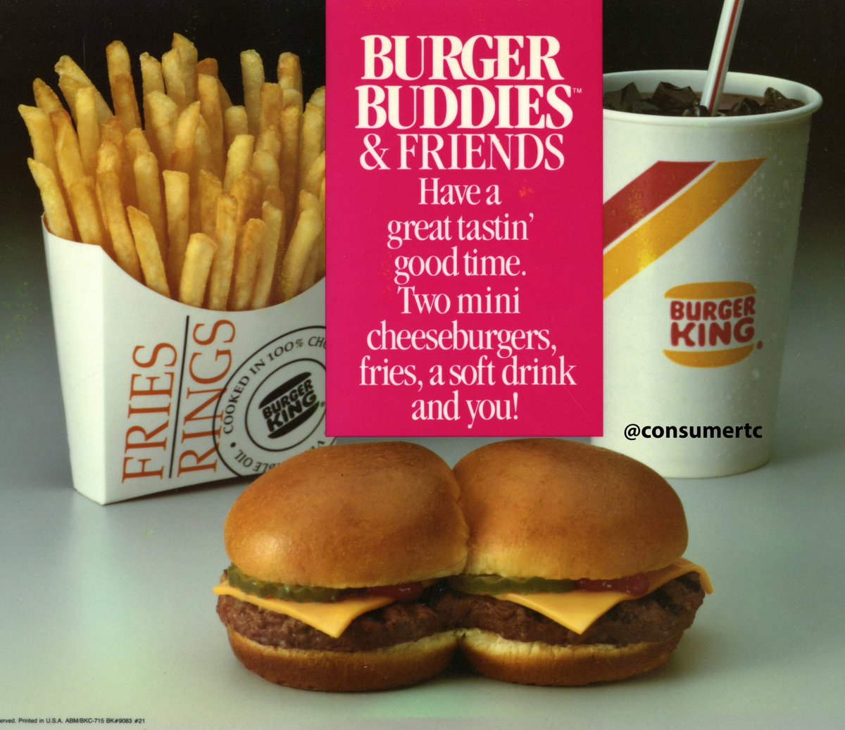 I can't explain why, but something magical happens when you connect two tiny burgers. Case in point: Burger King's BURGER BUDDIES. They're just small versions of their regular cheeseburgers (sans sesame seeds), but ripping these apart was so rewarding. (1990)