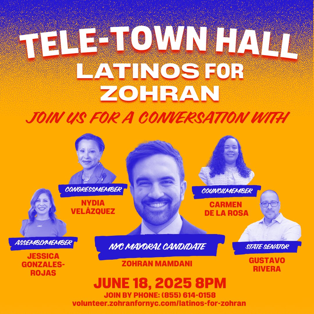 ¡Mi gente! Acompáñenos mañana para un conversación importante con <a href="/ZohranKMamdani/">Zohran Kwame Mamdani</a>, mi candidato número 1 para alcalde.

Join me for this important conversation with my #1 choice for mayor, Zohran Mamdani.