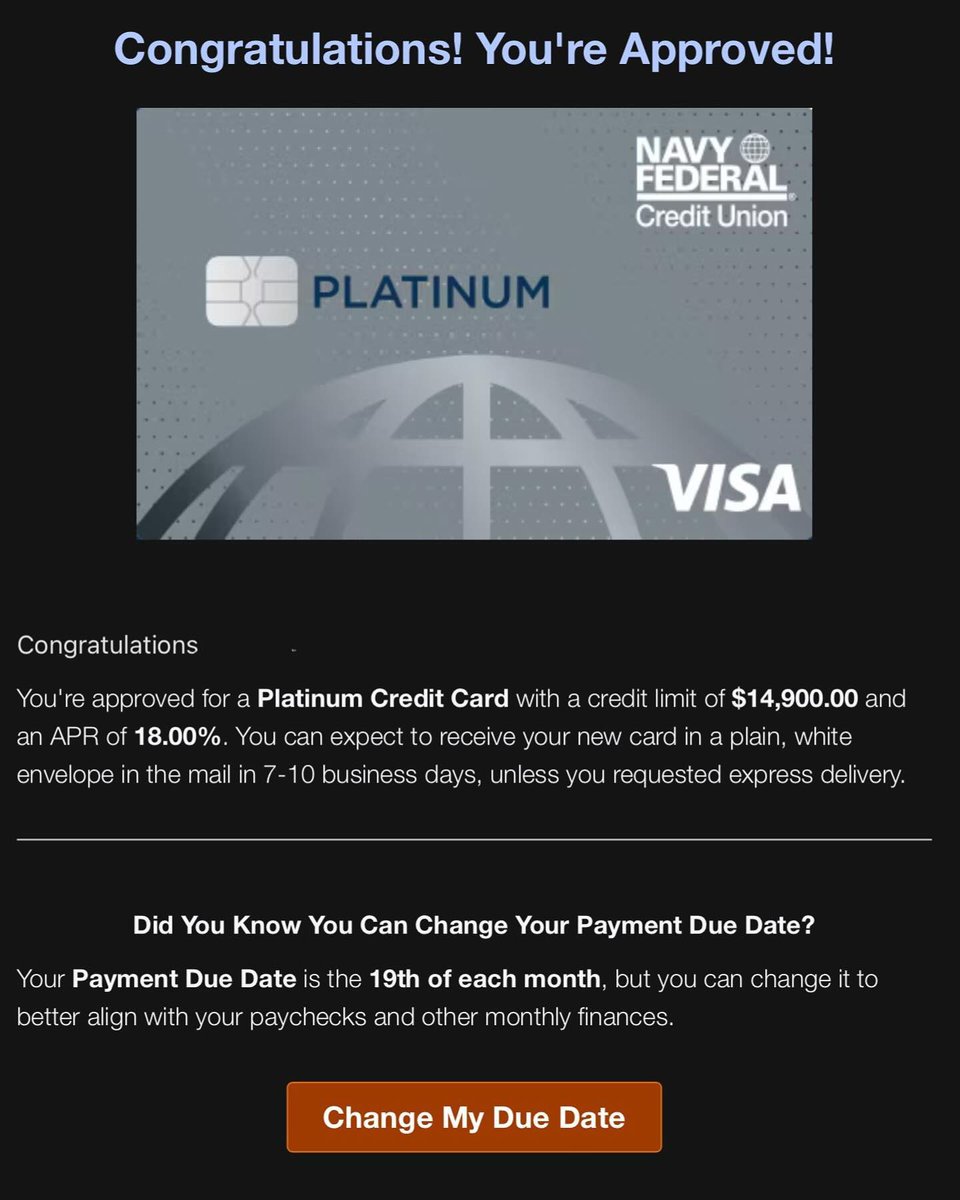 Our client got approved for $15k limit navy fed card with the help of our “TRADELINE” 

Do you have a low credit score which makes it very hard for you to get approved for stuff,All you NEED is our ”TRADELINE” on your credit for guaranteed on anything you apply  for
Come get it‼️
