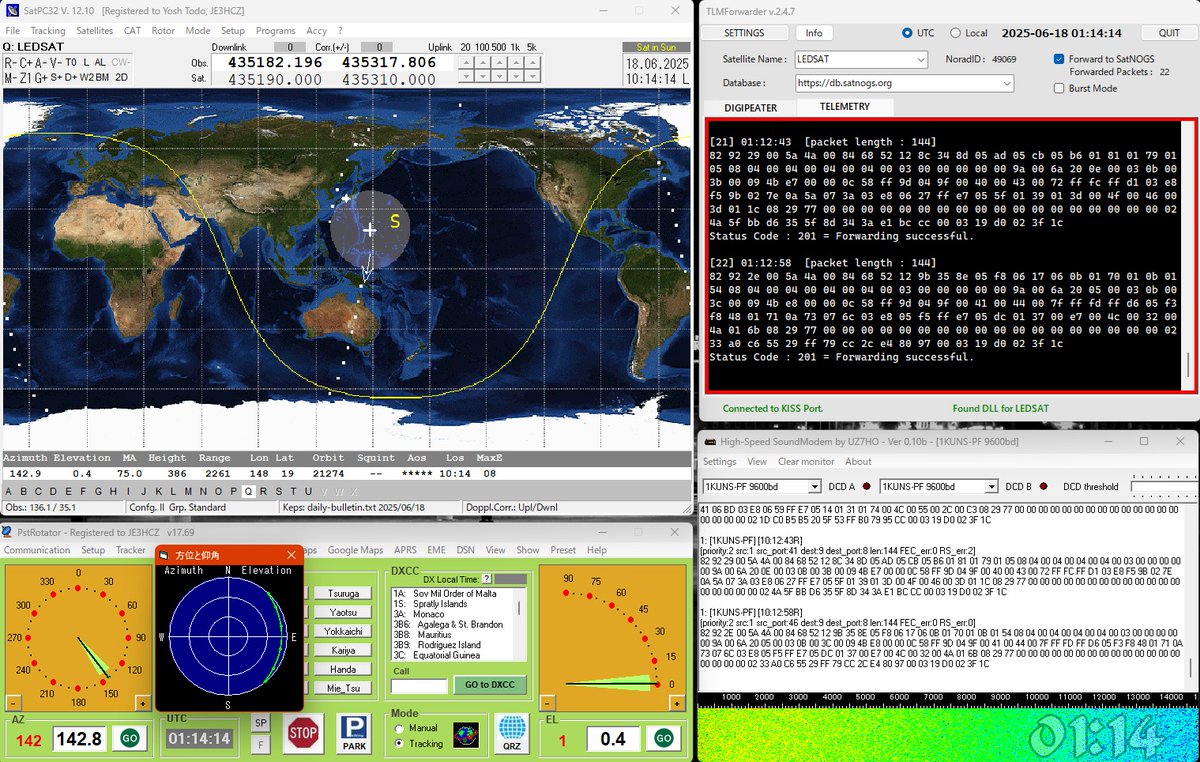 Day_Tripper0's tweet photo. #LEDSAT passed at 2025-06-18 01:07z over Omihachiman Japan.
1KUNS PF 9k6 / HS SoundModem Ver 0.10b
Forwarded 22 telemetry packets to the @SatNOGS DB.
#hamradio #hamr #amsat #hczsatlog https://t.co/a872s8wQ1y