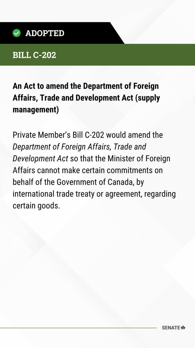 Bill #C202 has been adopted at third reading in the Senate: ow.ly/8etv50WbbmF
 
#SenCA #CdnPoli