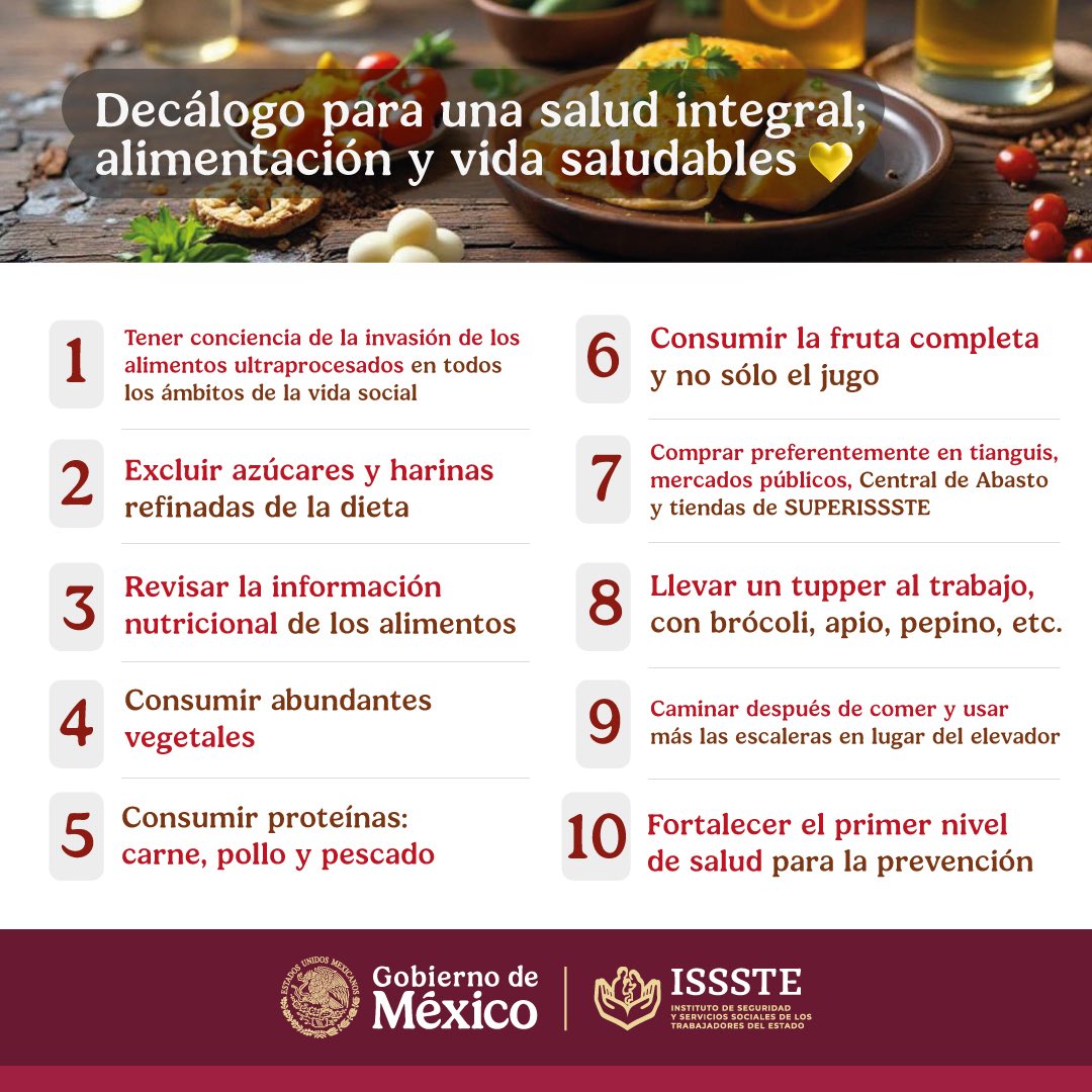 Mejorar los hábitos de alimentación para una vida saludable es posible. Aquí está el Decálogo del <a href="/ISSSTE_mx/">ISSSTE</a> que presentamos el día de hoy: