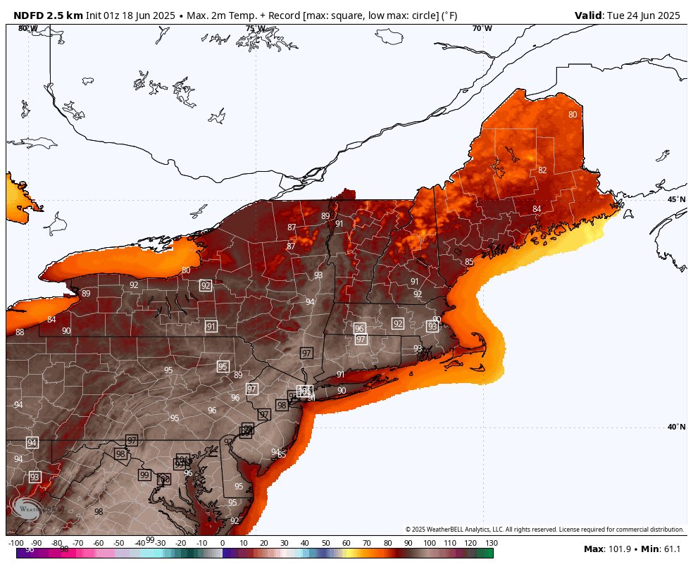 Get ready for record heat starting Monday. 

Mon L, Tues R 

Would be records inside squares
