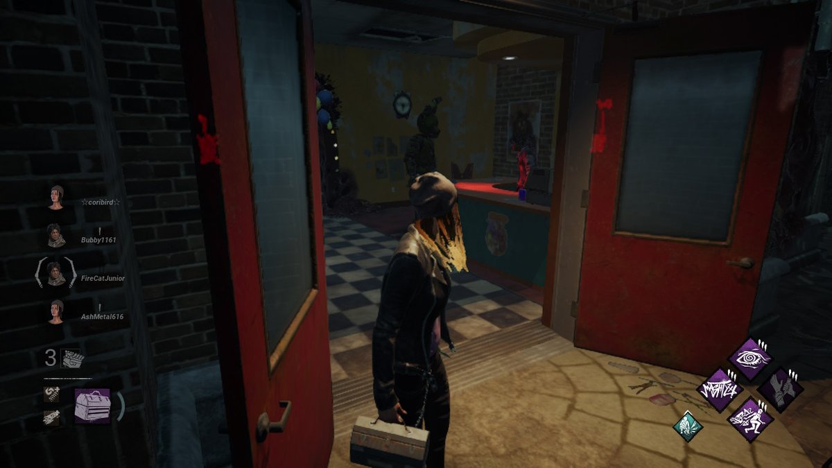 2ProcessTheory's tweet image. love in dbd when the killers are chill otherwise i wouldnt have had this moment  i was playing full stealth after watching springtrap chase a guy into freddys and i walk through the front and see this: (they were wiggling their heads. i feel god in this freddy fazbear&apos;s tonight)