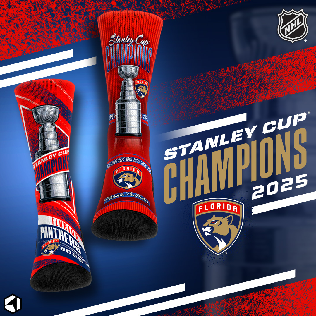 BACK-TO-BACK CHAMPS! 

The Florida Panthers have done it again 🏆🐾

Celebrate the Stanley Cup win with limited edition socks from Rock 'Em. 

Rep the Cats in style!