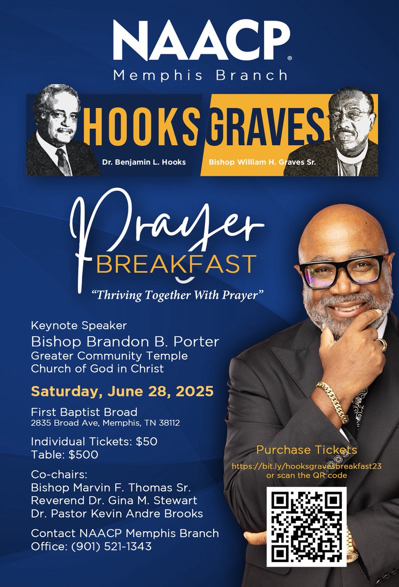 Join us for the NAACP Memphis Branch Hooks Graves Prayer Breakfast on June 28th. Tickets and tables are still available.