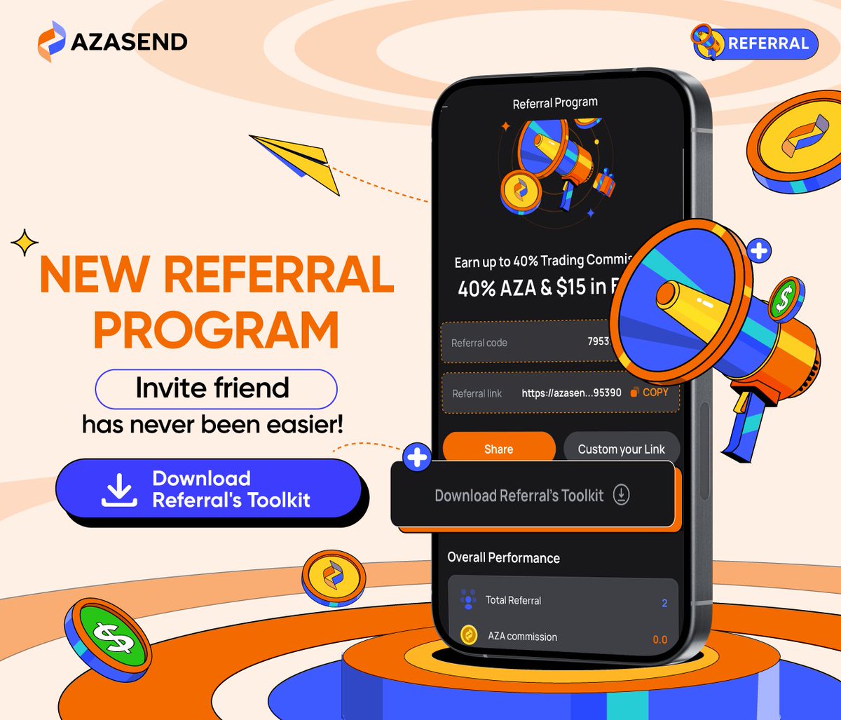 azasend's tweet photo. Invite friends has never been easier! - Download Referral's Toolkit and earn 40% commission with $15 BTC in your fingertip! 

👉 More details:  https://t.co/1aNVLkfZEz https://t.co/32xIzUj40p