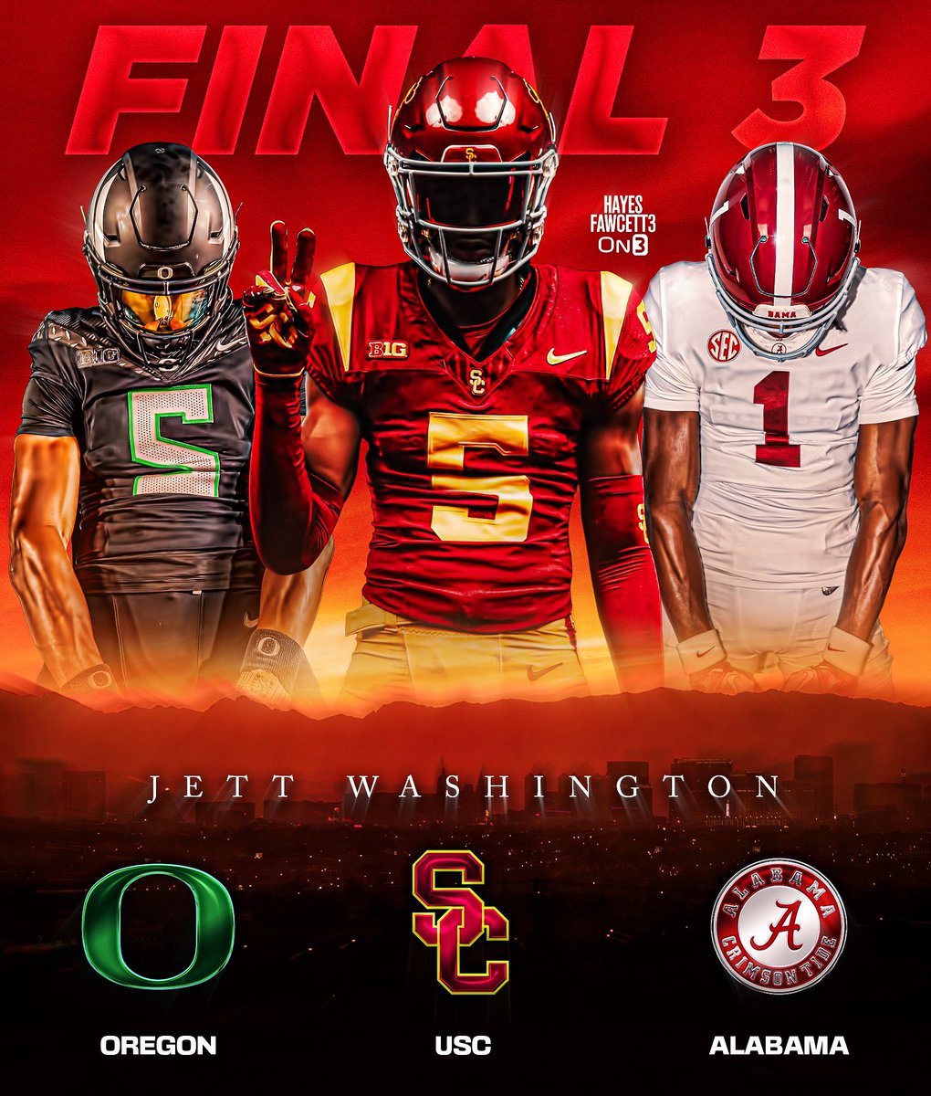 Hayes Fawcett (@hayesfawcett3) on Twitter photo NEWS: Five-Star Safety Jett Washington is down to Alabama, Oregon, & USC, he tells me for <a href="/on3recruits/">Follow @Rivals</a>
The 6’4 205 S from Las Vegas, NV is ranked as a Top 30 Recruit in the ‘26 Class (per On3 Industry)
Where Should He Go? ⬇️
on3.com/db/jett-washin… NEWS: Five-Star Safety Jett Washington is down to Alabama, Oregon, & USC, he tells me for <a href="/on3recruits/">Follow @Rivals</a>
The 6’4 205 S from Las Vegas, NV is ranked as a Top 30 Recruit in the ‘26 Class (per On3 Industry)
Where Should He Go? ⬇️
on3.com/db/jett-washin…