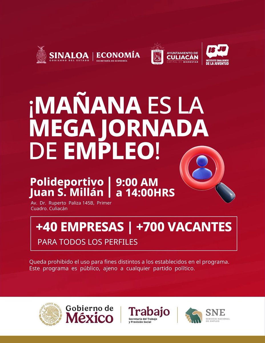 ¿Buscas trabajo o una mejor oportunidad?
¡Mañana no te pierdas la Mega Jornada de Empleo en Culiacán! 💼

📍 Polideportivo Juan S. Millán
🗓️ 18 de junio
🕘 De 9:00 a.m. a 2:00 p.m.

✅ Más de 40 empresas
✅ Más de 700 vacantes

¡Prepárate, lleva tu CV y EmpleaT!