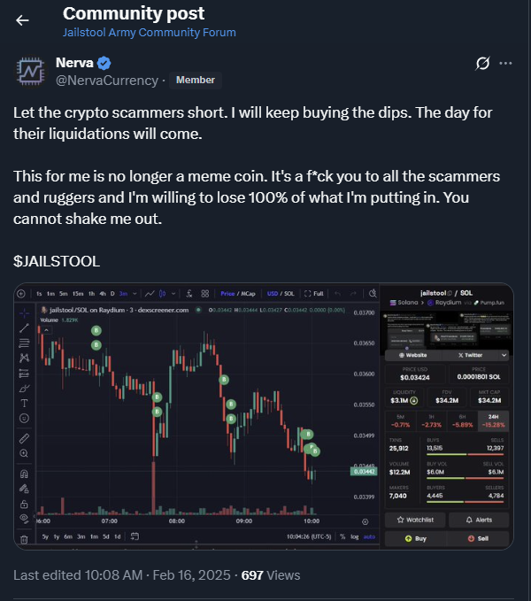Something I wrote a long time ago at a lot higher market cap. What I wrote has not changed for me.

This is the coin to make the stand with but for $JAILSTOOL to make it, it needs a lot bigger and a lot stronger community.

More people need to start getting involved and a lot