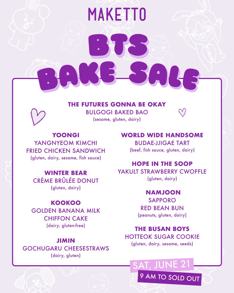 Maketto (@maketto1351) on Twitter photo JUNE 21! Calling all Army!
This Saturday, 9 am to sold out! Yakult Strawberry cwoffle, Banana Milk chiffon cake, Sapporo red bean buns, join us for this week’s Bake Sale featuring BTS-inspired treats with some of their favorite flavors!
<a href="/erikbruneryang/">Erik Bruner-Yang</a> #MakettoBakeSale JUNE 21! Calling all Army!
This Saturday, 9 am to sold out! Yakult Strawberry cwoffle, Banana Milk chiffon cake, Sapporo red bean buns, join us for this week’s Bake Sale featuring BTS-inspired treats with some of their favorite flavors!
<a href="/erikbruneryang/">Erik Bruner-Yang</a> #MakettoBakeSale
