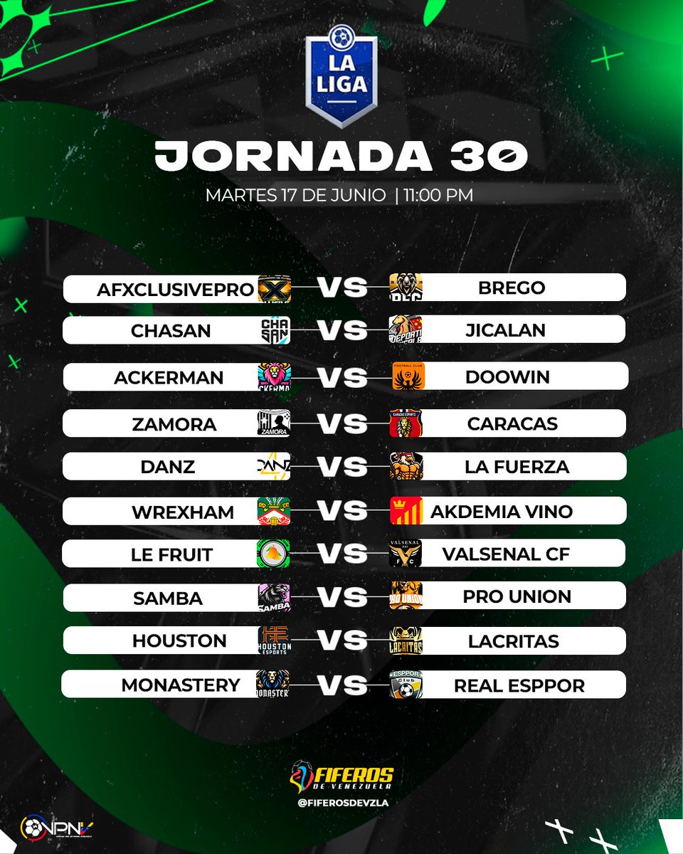Fiferos de Venezuela (@fiferosdevzla) on Twitter photo #NotiFDV "SEMANA 8" 🔥 Hoy sigue la emoción de #LALIGAVPNV <a href="/VPNGlobal/">Virtual Pro Network</a> #CROSSPLAY donde sigue la pelea por la cima y los puntos para llegar a playoffs #EAFC25
🗓️ VPNV 🇻🇪│ 🏆 LA LIGA - Fecha 15 - <a href="/LVFVirtual/">Liga Virtual de Fútbol Venezolano</a>
🏟️Jornada 29
⌚️ 10:30 PM
🏟️Jornada 30
⌚️ 11:00 PM #NotiFDV "SEMANA 8" 🔥 Hoy sigue la emoción de #LALIGAVPNV <a href="/VPNGlobal/">Virtual Pro Network</a> #CROSSPLAY donde sigue la pelea por la cima y los puntos para llegar a playoffs #EAFC25
🗓️ VPNV 🇻🇪│ 🏆 LA LIGA - Fecha 15 - <a href="/LVFVirtual/">Liga Virtual de Fútbol Venezolano</a>
🏟️Jornada 29
⌚️ 10:30 PM
🏟️Jornada 30
⌚️ 11:00 PM