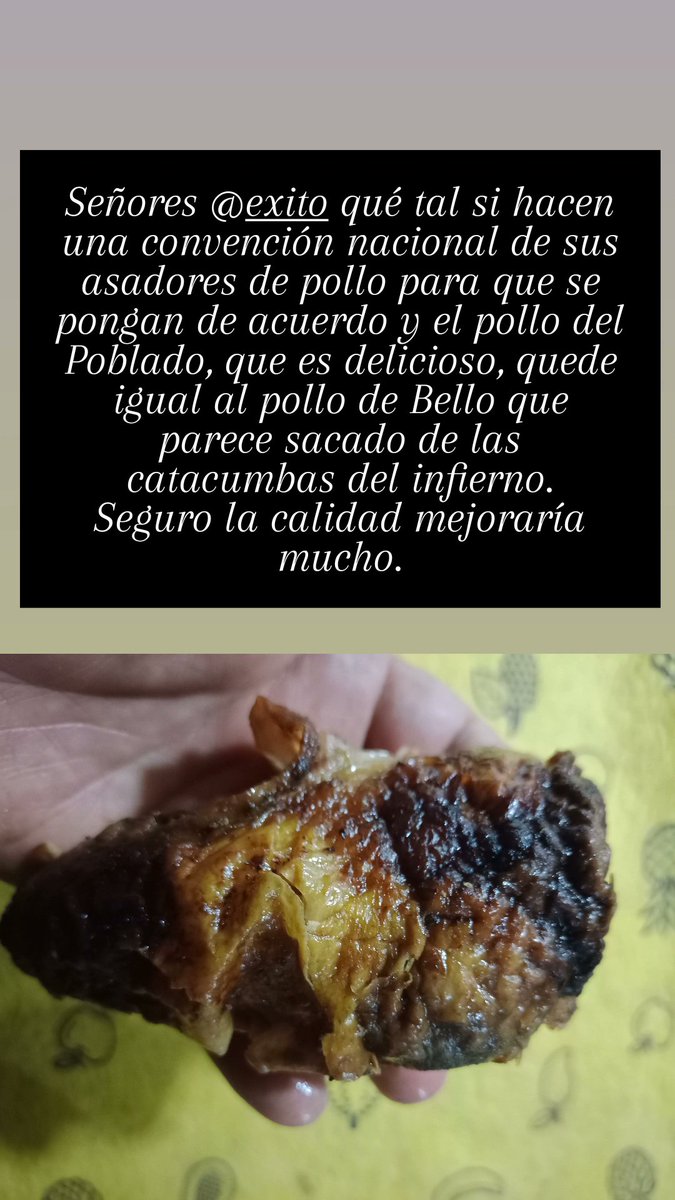 lavillegar's tweet photo. Señores @almacenesexito qué tal si hacen una convención nacional de sus asadores de pollo para que se pongan de acuerdo y el pollo del Poblado, que es delicioso, quede igual al pollo de Bello que parece sacado de las catacumbas del infierno.
Seguro la calidad mejoraría mucho. https://t.co/ZGMcW9me6k