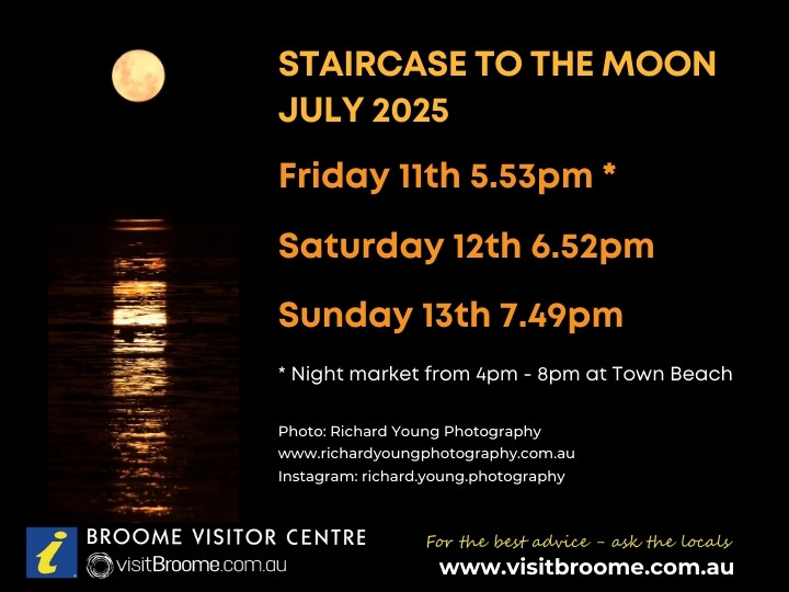 Over three evenings from Friday 11th July to Sunday 13th July, you can experience this natural phenomenon over Roebuck Bay | Yawuru Nagulagun. Learn more about this celestial sight...
visitbroome.com.au/events/stairca…