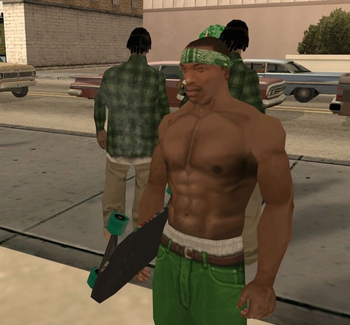 스케이트보드를 든 GTA의 Carl Johnson 캐릭터, $CJ 밈코인을 대표함
