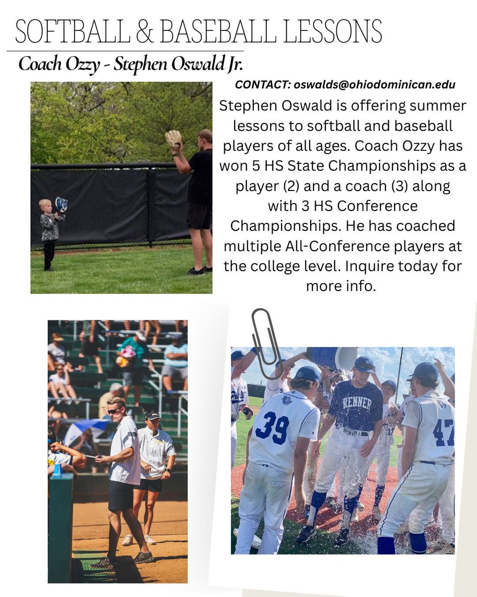 Coach Ozzy (@stephenoswald2) on Twitter photo Happy to announce that I will be offering lessons in the Columbus area for softball and baseball, all ages, starting: now! Please help share and email oswalds@ohiodominican.edu to inquire. (Softball pitching only very beginners). Happy to announce that I will be offering lessons in the Columbus area for softball and baseball, all ages, starting: now! Please help share and email oswalds@ohiodominican.edu to inquire. (Softball pitching only very beginners).