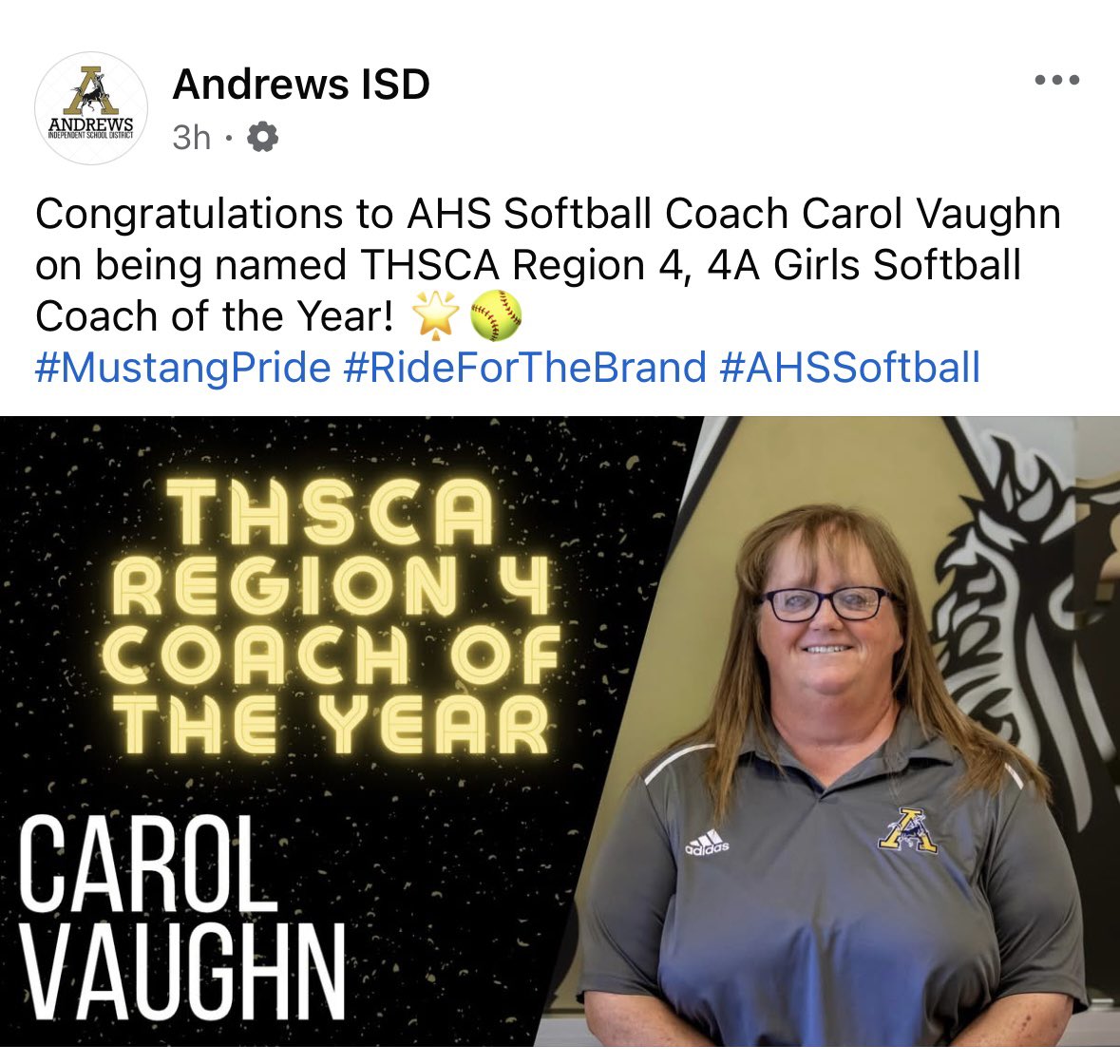 Andrews Athletics (@andrewsmustangs) on Twitter photo Congratulations to <a href="/Andrews_ISD/">Andrews ISD</a> very own Coach Carol Vaughn on being named the <a href="/THSCAcoaches/">THSCA</a> Region 4 Softball Coach of the Year! Great honor & well deserved for the <a href="/uiltexas/">Texas UIL</a> 4AD1 State Finalist! <a href="/chris_MRTsports/">Christopher Hadorn</a> <a href="/OLeRoy_MRT/">Oscar LeRoy</a> <a href="/therealjesse_z/">Jesse</a> <a href="/BrooksJair/">Sir Jair A. Brooks-Davis</a> <a href="/JaimeBoswell2/">Jaime Boswell</a> Congratulations to <a href="/Andrews_ISD/">Andrews ISD</a> very own Coach Carol Vaughn on being named the <a href="/THSCAcoaches/">THSCA</a> Region 4 Softball Coach of the Year! Great honor & well deserved for the <a href="/uiltexas/">Texas UIL</a> 4AD1 State Finalist! <a href="/chris_MRTsports/">Christopher Hadorn</a> <a href="/OLeRoy_MRT/">Oscar LeRoy</a> <a href="/therealjesse_z/">Jesse</a> <a href="/BrooksJair/">Sir Jair A. Brooks-Davis</a> <a href="/JaimeBoswell2/">Jaime Boswell</a>
