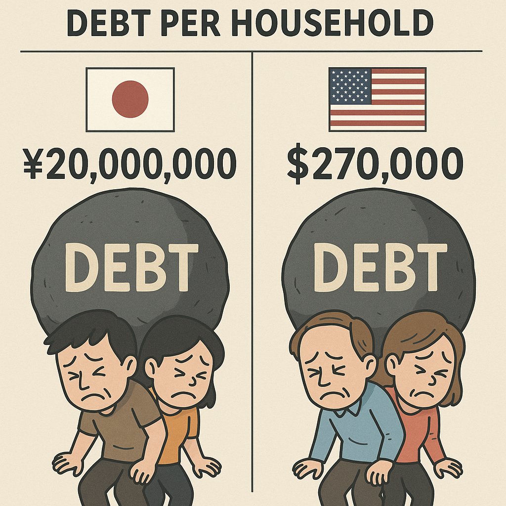 katsumoku__'s tweet photo. 【　日米共に既に詰んでいる　ただし基軸通貨であるアメリカの方が立場的に全然上　】

日本とアメリカの財政状況をそれぞれの国の平均家庭に当てはめて利払い負担について考えてみました。

現在のアメリカの債務が 36兆ドル で、全米の家庭数が約 1億3000万世帯 である場合、家庭1世帯あたりの債務負担は次の通りとなります。

家庭あたりの債務額：約 27万ドル（約 276,923ドル）
10年国債金利（4.5%）を適用した利払い計算。年間の利払い額：家庭あたり約 12,461ドル。月々の利払い額：家庭あたり約 1,038ドル

アメリカの平均的な世帯所得が 7万ドル（年間）だとすると、月々の所得は約 5,833ドル となります。この場合、月々の利払い額が世帯の月収に占める割合は約 17.8% です。

つまり、アメリカの家庭1世帯あたりの政府債務を金利4.5%で利払いした場合、その負担は月々の所得の約 17.8% となります。現実的に所得の17.8%など支払うことは不可能だというのがわかるかと思います。利息の支払いが17.8%なのです。

日本の政府債務を現在の金利と仮定した金利上昇に基づき、家庭あたりの負担を日本円で再計算した結果は以下の通りです。

日本の債務総額：約 1100兆円　　家庭あたりの債務額：約 20,754,717円

1.5%金利の場合（現在の金利に近い）　年間の利払い額：家庭あたり約 311,321円　月々の利払い額：家庭あたり約 25,943円　月々の利払い負担率（日本の平均世帯所得440万円を基に計算した場合）：約 7.08%

2%金利の場合（もし金利が2%に上昇した場合）年間の利払い額：家庭あたり約 415,094円　月々の利払い額：家庭あたり約 34,591円　月々の利払い負担率：約 9.43%

現在の金利（1.5%）で日本の政府債務を返済した場合、家庭あたりの月々の利払い負担は 約25,943円 で、これは日本の平均世帯所得に対して 約7.08% の負担となります。

金利が 2% に上昇すると、月々の利払い額は 約34,591円 となり、負担率は 約9.43% となります。アメリカに比べて日本の金利は低いのでこれで収まりますが、国民負担率等を考えれば、とても払える規模ではありません。

しかし日米それぞれを考えた場合

① 日本は10％程度までのインフレは十分考えておくべき（インフレ税により政府の借金が相対的に減る）

② アメリカの自転車操業は限界　　どこかのタイミングで金利急騰　→ 日本の金利も急騰

ということになるでしょうね。更なる詳細とリスク回避方法はKATSUMOKUでご確認ください。

＃日本国債　＃米国債