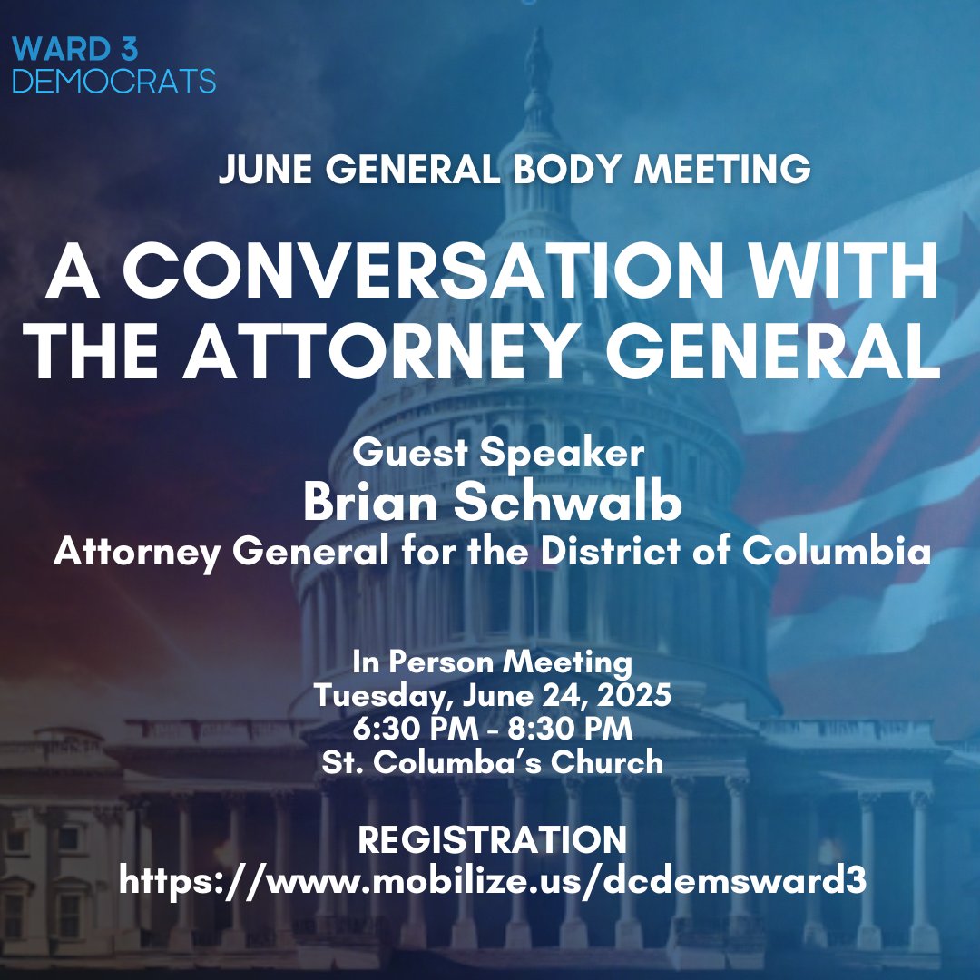 Ward 3 Democrats (@wrd3dc) on Twitter photo Join us for a powerful conversation with <a href="/DCAttorneyGen/">AG Brian Schwalb</a> on the legal and political challenges facing the District of Columbia. District residents are welcome to join us for the discussion.
REGISTRATION:
mobilize.us/dcdemsward3/ev… Join us for a powerful conversation with <a href="/DCAttorneyGen/">AG Brian Schwalb</a> on the legal and political challenges facing the District of Columbia. District residents are welcome to join us for the discussion.
REGISTRATION:
mobilize.us/dcdemsward3/ev…