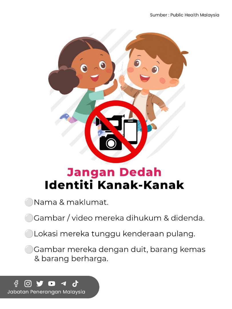 JPenerangan's tweet photo. 🚫 JANGAN DEDAH IDENTITI KANAK-KANAK! 👶🛑

Hak &amp; keselamatan mereka adalah keutamaan kita semua!

📵 Elak kongsi nama, lokasi, gambar atau video mereka di media sosial.
📍 Jangan tunjuk tempat mereka menunggu, atau gambar dengan barang berharga. - https://t.co/EaphxwpKKR