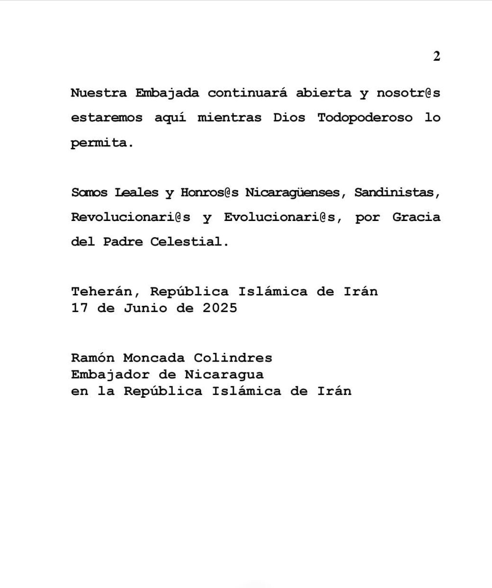 🇳🇮 Nicaragua, a través de su misión diplomática en Teherán, reafirma su firme respaldo al pueblo y gobierno de la República Islámica de Irán, expresando su solidaridad frente a las agresiones llevadas a cabo por el régimen israelí.