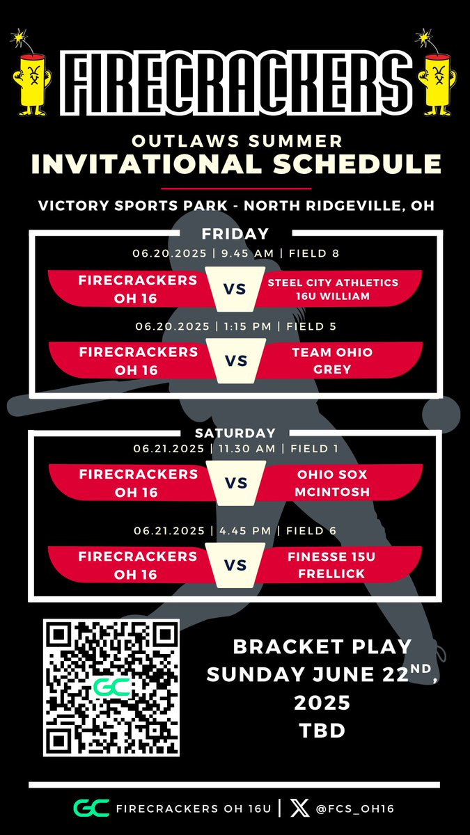 Playing in the <a href="/d1fastpitch1/">D1 Fastpitch</a> Outlaws Summer Invitational this weekend in North Ridgeville!  Let’s go! 🥎🧨💪 <a href="/Firecrackersinc/">Firecracker Softball</a>