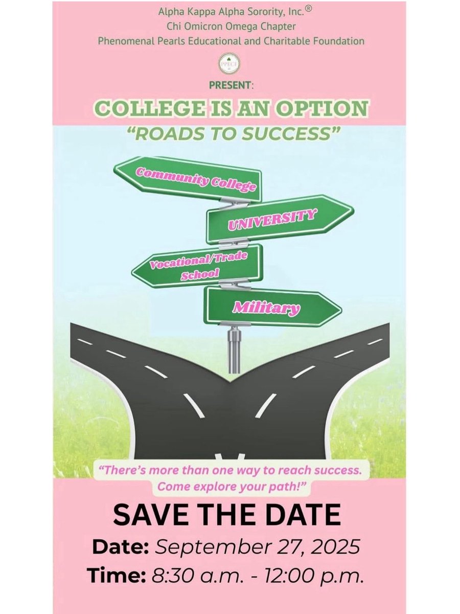 PPECF's tweet image. The "Roads to Success" Starts HERE! 

High school students — it’s time to map out your future! Join Alpha Kappa Alpha Sorority, Inc.® - Chi Omicron Omega Chapter and the Phenomenal Pearls Educational and Charitable Foundation for our College is an Option event!