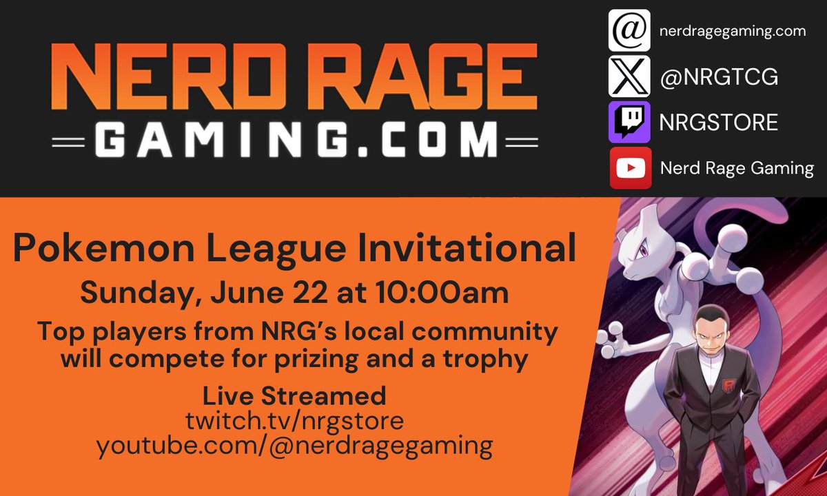 Our Pokemon League Invitational will be streamed live this Sunday at 10am! 

Top performers from locals and our recent Sanctioned events will be competing for prizing and a trophy, which will all be live on our Twitch and Youtube channels!