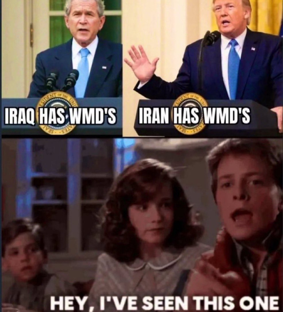 asdfasdfdd3's tweet image. The same excuse President Bush used to get the US in conflict with Iraq is the same excuse President Trump is using to get the US in conflict with Iran. The Weapons of Mass Destruction (WMD) lie all over again. The US are the warmongers.