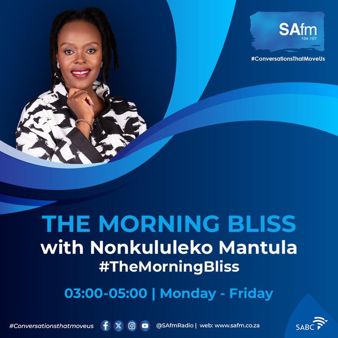 [ON AIR] Good morning  &amp; Welcome to the Wednesday  edition of #SAfmTheMorningBliss  with <a href="/PatriciaNNtuli/">Nonkululeko Mantula</a>

Get In Touch on                      
Call: 086 000 2032                      
WhatsApp: 061 410 4107        #conversationsthatmoveus