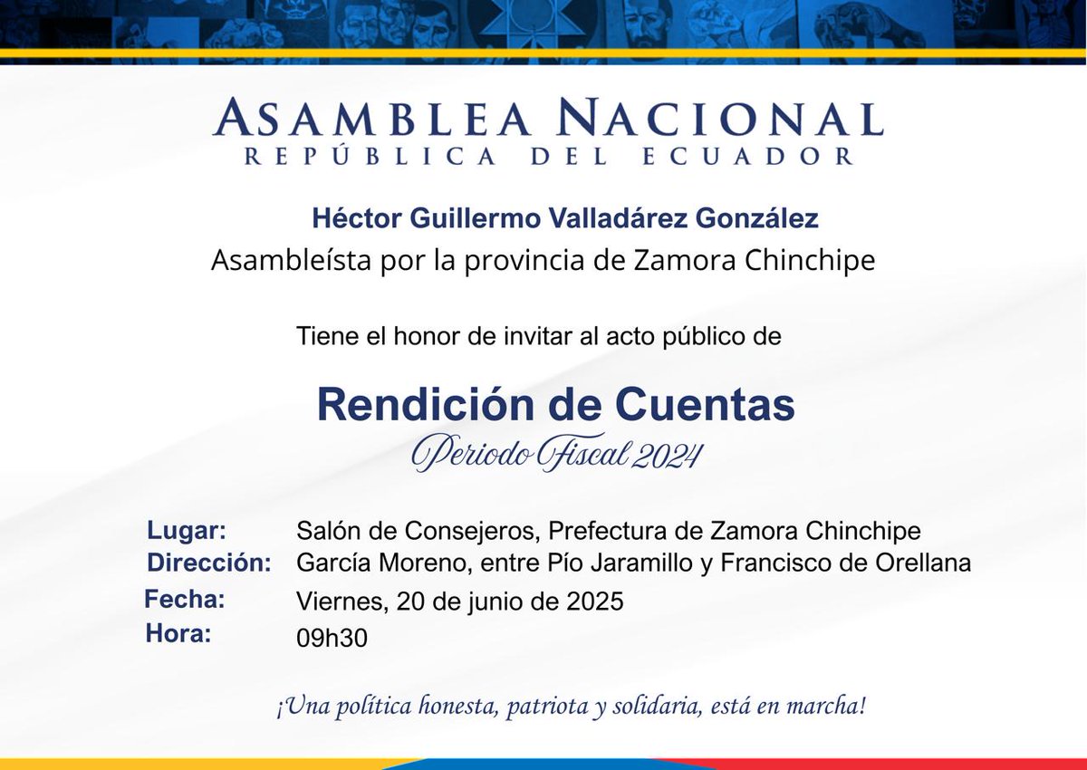MasharosNews's tweet photo. 🔵📣 Asambleísta de #ZamoraChinchipe @HectorEsRC presentará su Rendición de Cuentas 2024

El asambleísta por la provincia de Zamora Chinchipe, invita a la ciudadanía al acto público de #RendicióndeCuentas correspondiente al período fiscal 2024.#HéctorValladárez #AsambleaNacional https://t.co/EvSYU1feJ8
