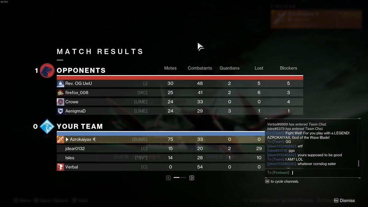 azrokaiyax's tweet photo. (post 3️⃣)
Was playing some Gambit 🟢
Had some good games 🎮 with good people 🦿🫀👨🏻‍🦰🙏🏻
These are the chat logs 📜 and scores 🔢
#azrokaiyax #destiny2 #gambit #chat #logs #scores #matchmaking #mutiplayer #screenshot #playforfun #winorlose #funtime #quickplay #justdoit #letsgo #fun https://t.co/Bj5srzFuae