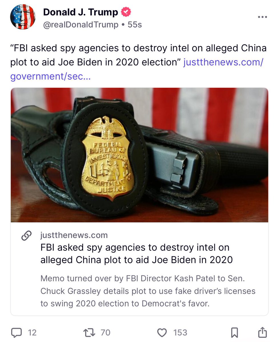 突发 🚨 川普总统刚刚在Truth社交平台上发文称：“联邦调查局要求情报机构销毁有关中共国据称在2020年大选中协助拜登的情报。”

证实2020年大选被窃取了！