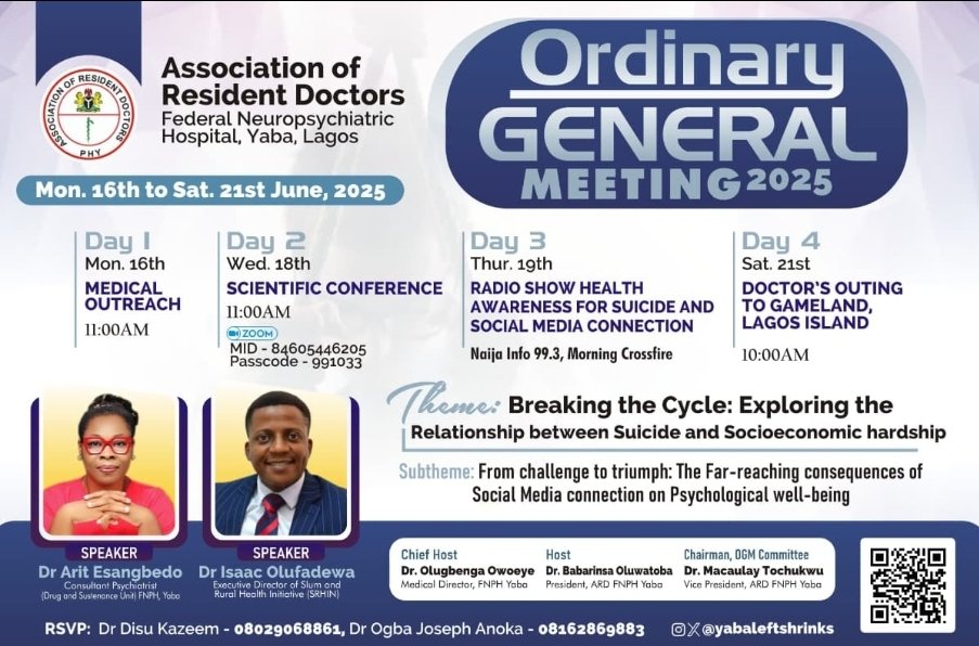 Dr Isaac Olufadewa (@drisaacking) on Twitter photo I’m deeply honored to have been invited by the Association of Resident Doctors, Federal Neuropsychiatric Hospital Yaba, Lagos (one of Nigeria's premier psychiatric institutions), Lagos to speak at their upcoming Ordinary General Meeting (OGM) 2025.
I'll be joining the Scientific I’m deeply honored to have been invited by the Association of Resident Doctors, Federal Neuropsychiatric Hospital Yaba, Lagos (one of Nigeria's premier psychiatric institutions), Lagos to speak at their upcoming Ordinary General Meeting (OGM) 2025.
I'll be joining the Scientific
