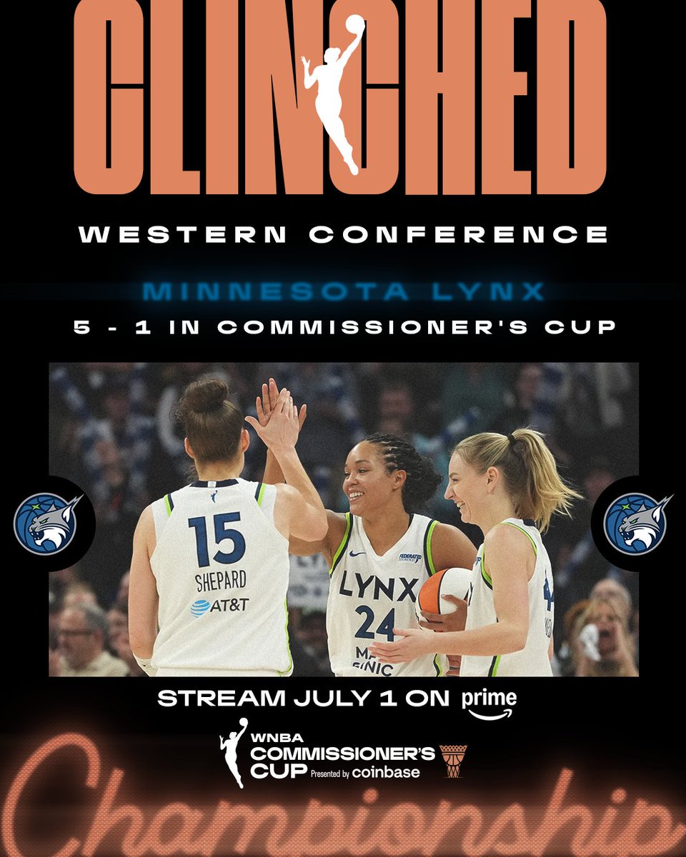 WNBA (@wnba) on Twitter photo 🚨CLINCHED 🚨
With their win against the Las Vegas Aces, the <a href="/minnesotalynx/">Minnesota Lynx</a> have clinched a spot in the 2025 Commissioner's Cup Championship game presented by <a href="/coinbase/">Coinbase 🛡️</a> 🚨CLINCHED 🚨
With their win against the Las Vegas Aces, the <a href="/minnesotalynx/">Minnesota Lynx</a> have clinched a spot in the 2025 Commissioner's Cup Championship game presented by <a href="/coinbase/">Coinbase 🛡️</a>