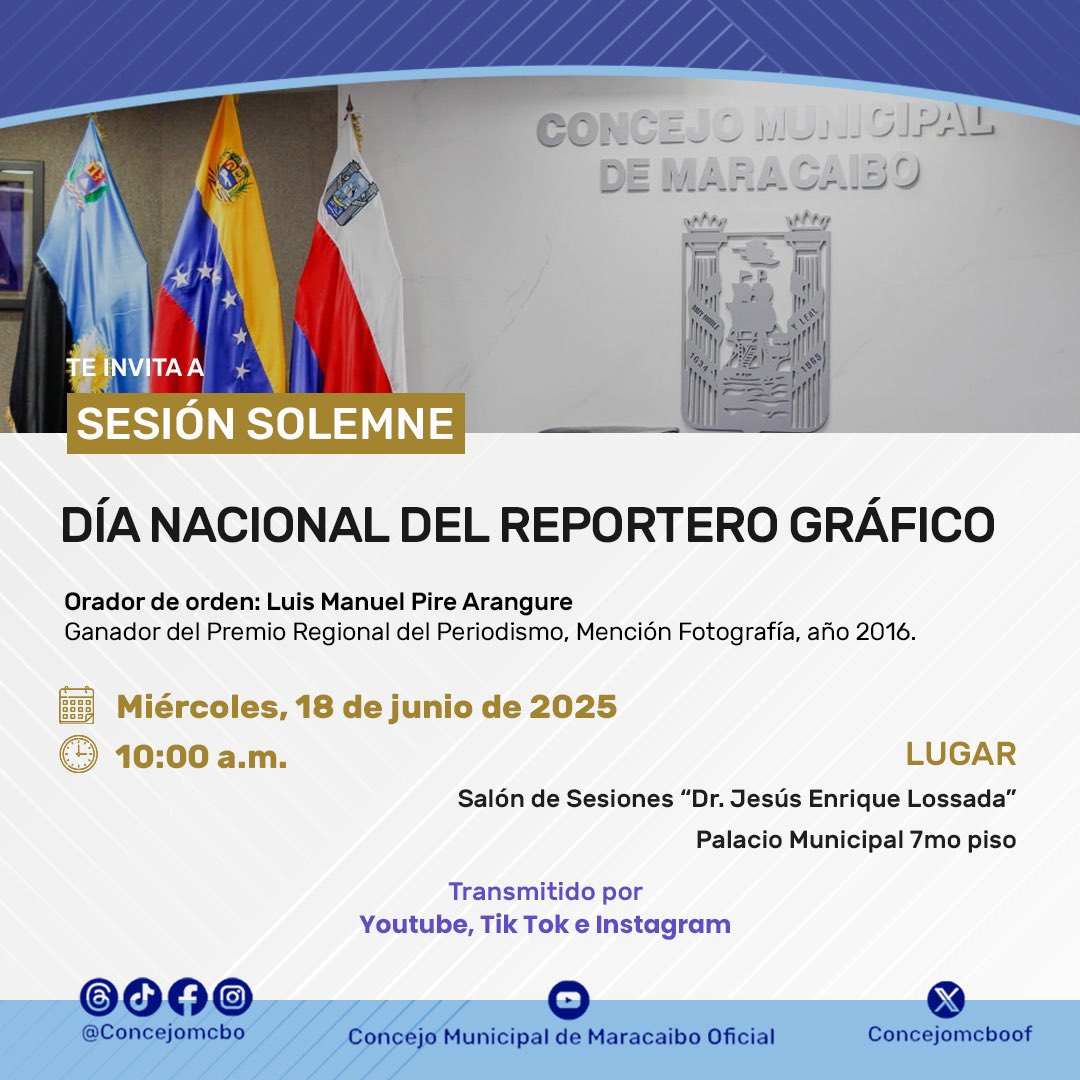 📣 ¡Vecinos están invitados! a la #SesiónSolemne en conmemoración al Día Nacional del Reportero Gráfico. 📸

🗓 Fecha: Miércoles 18 de junio
🕙 Hora: 10:00 a.m.
🏛 Lugar: Salón Sesiones “Dr. Jesús Enrique Lossada”

#ConcejoMcbo