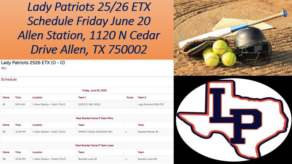 Lady Patriots 26/27 ETX 18U (@lp2526etx) on Twitter photo We are back in action this weekend in Allen at the TFL Summer Championship. Looking forward to a great weekend!! <a href="/Ladypatriots_Tx/">LadyPatriots-Official</a> We are back in action this weekend in Allen at the TFL Summer Championship. Looking forward to a great weekend!! <a href="/Ladypatriots_Tx/">LadyPatriots-Official</a>