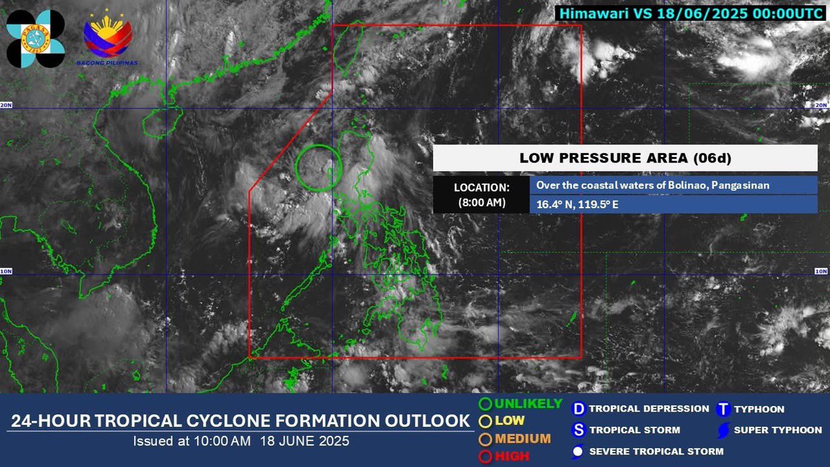 Ariel Rojas (@arielrojasph) on Twitter photo A new Low Pressure Area formed over the coastal waters of Bolinao, Pangasinan at 8 a.m. this Wednesday.
<a href="/dost_pagasa/">PAGASA-DOST</a> says it is unlikely to develop into a tropical cyclone. A new Low Pressure Area formed over the coastal waters of Bolinao, Pangasinan at 8 a.m. this Wednesday.
<a href="/dost_pagasa/">PAGASA-DOST</a> says it is unlikely to develop into a tropical cyclone.