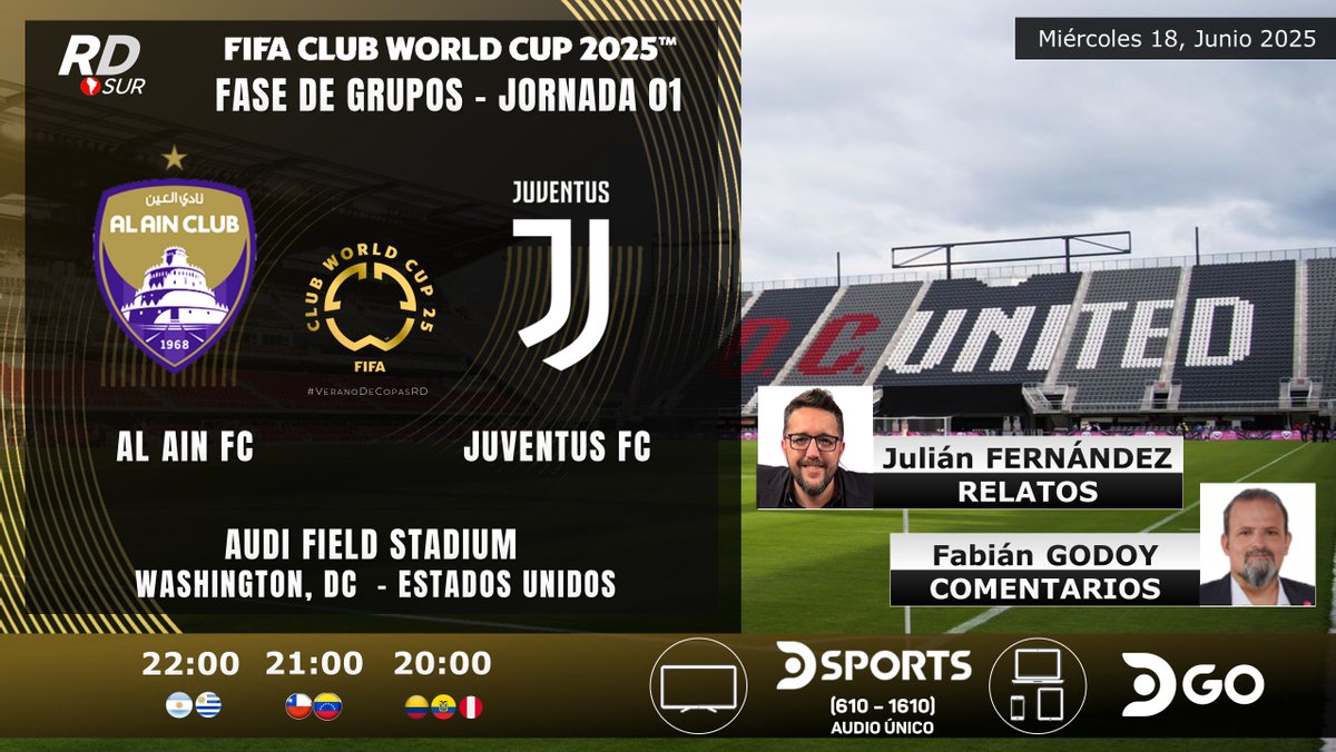 Ayrton Acosta (@elpollo_ac29) on Twitter photo #CopaMundialDeClubes de la FIFA 2025 🇺🇸
🇦🇪 #AlAin vs #Juventus 🇮🇹
🎙️ Relatos: <a href="/yojulifernandez/">Julián Fernández</a>
🎙️ Comentarios: <a href="/fabig08/">Fabián Godoy</a>
📺 TV: <a href="/DSports/">DSPORTS</a> (610 - 1610) (Audio Único)
💻📱 <a href="/DGO_Latam/">DGO</a>
#⃣ #MundialDeClubesEnDSPORTS #VeranoDeCopasRD #CopaMundialDeClubes de la FIFA 2025 🇺🇸
🇦🇪 #AlAin vs #Juventus 🇮🇹
🎙️ Relatos: <a href="/yojulifernandez/">Julián Fernández</a>
🎙️ Comentarios: <a href="/fabig08/">Fabián Godoy</a>
📺 TV: <a href="/DSports/">DSPORTS</a> (610 - 1610) (Audio Único)
💻📱 <a href="/DGO_Latam/">DGO</a>
#⃣ #MundialDeClubesEnDSPORTS #VeranoDeCopasRD