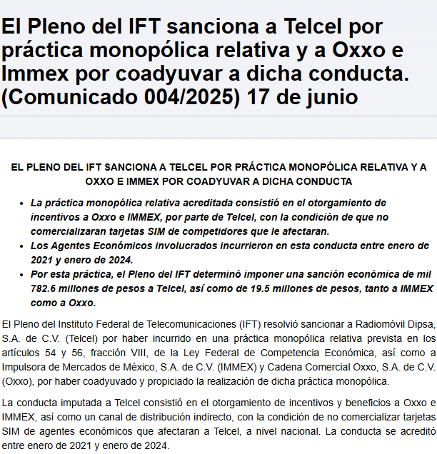 Juan_OrtizMX's tweet photo. 🗳️📌 IFT SANCIONA A TELCEL  POR +1,782 MILLONES DE PESOS

Adiós IFT.

El Instituto Federal de Telecomunicaciones (IFT) resolvió sancionar a Telcel por prácticas monopólicas relativas. 

Comprobó que condicionó a Oxxo e IMMEX con incentivos para que no vendieran tarjetas SIM de sus competidores entre 2021 y 2024.

La medida tuvo como efecto restringir el acceso de otros proveedores de telefonía móvil a puntos de venta estratégicos en todo el país. 

Aquello efectó directamente a los consumidores al limitar sus opciones.

Por esta conducta, el IFT impuso las siguientes sanciones:

📍Telcel: multa de mil 782.6 millones de pesos.

📍Oxxo e IMMEX: multas individuales de 19.5 millones de pesos por contribuir en la práctica.