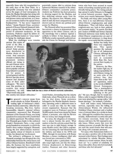 Utk mengetahui siapa Fadli Zon, kita perlu kembali ke tahun 1998, di mana dia sudah menjadi anggota MPR sebelum Suharto lengser &amp; bagian dari KISDI. Dalam wawancara dg Far Easern Economic Review (Feb 98), ia tak menyembunyikan sentimen anti-Tionghoanya. 
web.archive.org/web/2024120101…