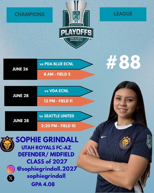 Sophie Grindall (@sophiegrindall) on Twitter photo 🔥ECNL PLAYOFFS SCHEDULE🔥
Come watch me play at the <a href="/ECNLgirls/">ECNL Girls</a> Playoffs in San Diego, CA.
<a href="/nxt1sports/">NXT 1</a> <a href="/ImYouthSoccer/">ECNL/GA/Recruiting/College Soccer</a> <a href="/BayAreaSocScout/">Robert Almasin</a> <a href="/SunilSportsNews/">Sports News By Sunil Sunder Raj</a> <a href="/ImCollegeSoccer/">College Soccer Truth ™</a> <a href="/PrepSoccerCA/">Prep Soccer California</a> 🔥ECNL PLAYOFFS SCHEDULE🔥
Come watch me play at the <a href="/ECNLgirls/">ECNL Girls</a> Playoffs in San Diego, CA.
<a href="/nxt1sports/">NXT 1</a> <a href="/ImYouthSoccer/">ECNL/GA/Recruiting/College Soccer</a> <a href="/BayAreaSocScout/">Robert Almasin</a> <a href="/SunilSportsNews/">Sports News By Sunil Sunder Raj</a> <a href="/ImCollegeSoccer/">College Soccer Truth ™</a> <a href="/PrepSoccerCA/">Prep Soccer California</a>