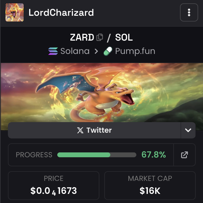 _LordCharizard's tweet photo. 🚨 It’s Time to Raid. Attention all Groups🚨

We need all eyes on this dragon.
If you’ve got a strong TG/Discord crew, DM me now. We’re firing up the campaign, and we need Trainers, Degens & Meme Warriors to go full send.

This is the moment before the explosion.
Let’s burn our way into history. 🔥

We’re sitting under a $1M market cap, the float is locked tighter than a Pokéball in a gym battle, and sellers? 
Absolutely cooked. 👨‍🍳

This thing’s being held by Diamond Hands, and we’re not letting go for crumbs.

We’re not selling until we breathe that 7-figure MC air.

What’s coming?

⚡ Slab trading meets meme culture

⚡ A Pokémon-style @Courtyard_io ecosystem

⚡ Insane community egergy ready create TCG history

BONDING CURVE NEED TO BE DESTROYED'

How to Buy:
$ZARD Contract Address 
FwJAdKce55NGd3d823YvNMiHZrCd2WjBPJ9xeqxvpump

@pumpdotfun 
@phantom 
@JupiterExchange 

#ZARD #Solana #PokemonCoin #SolanaSummer #Next100x #CryptoCommunity #CryptoRaid #Bullish #WAGMI #AltcoinSeason #DiamondHands #BuyTheDip #ToTheMoon #MemecoinMagic