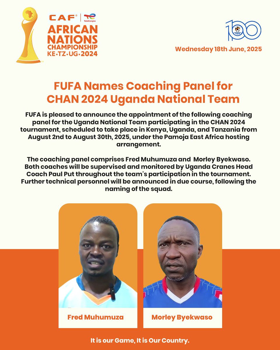 FUFA Names Coaching Panel for CHAN 2024 Uganda National Team

FUFA is pleased to announce the appointment of the following coaching panel for the Uganda National Team participating in the CHAN 2024 tournament, scheduled to take place in Kenya, Uganda, and Tanzania from August 2nd