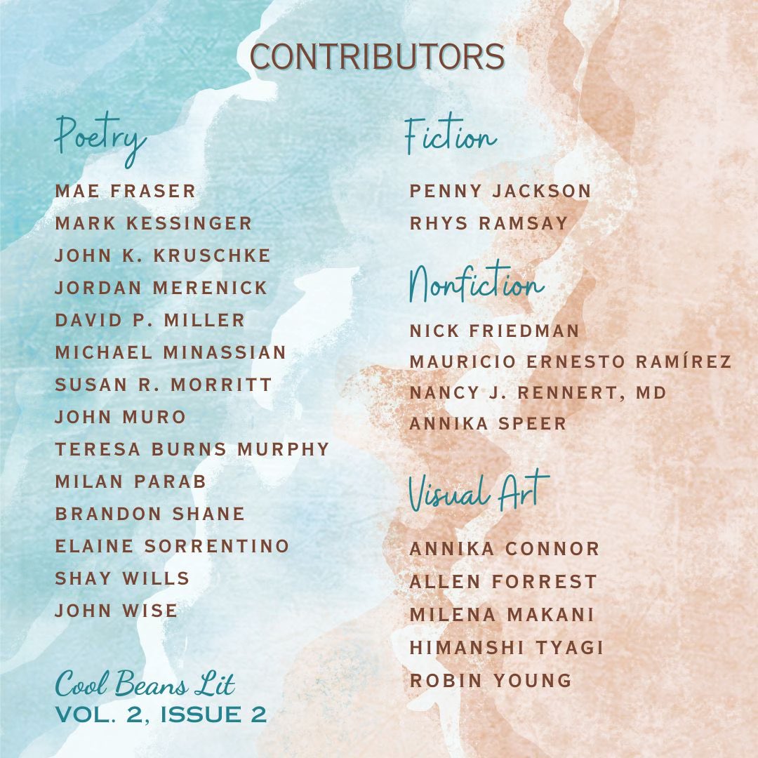We’re proud to share the names of our 25 amazing contributors to Vol 2, Issue 2 coming out later this week. 

They were selected from 960 submissions. Thank you to all who submitted. We wish we could have accepted so many more. The work we received was astounding.