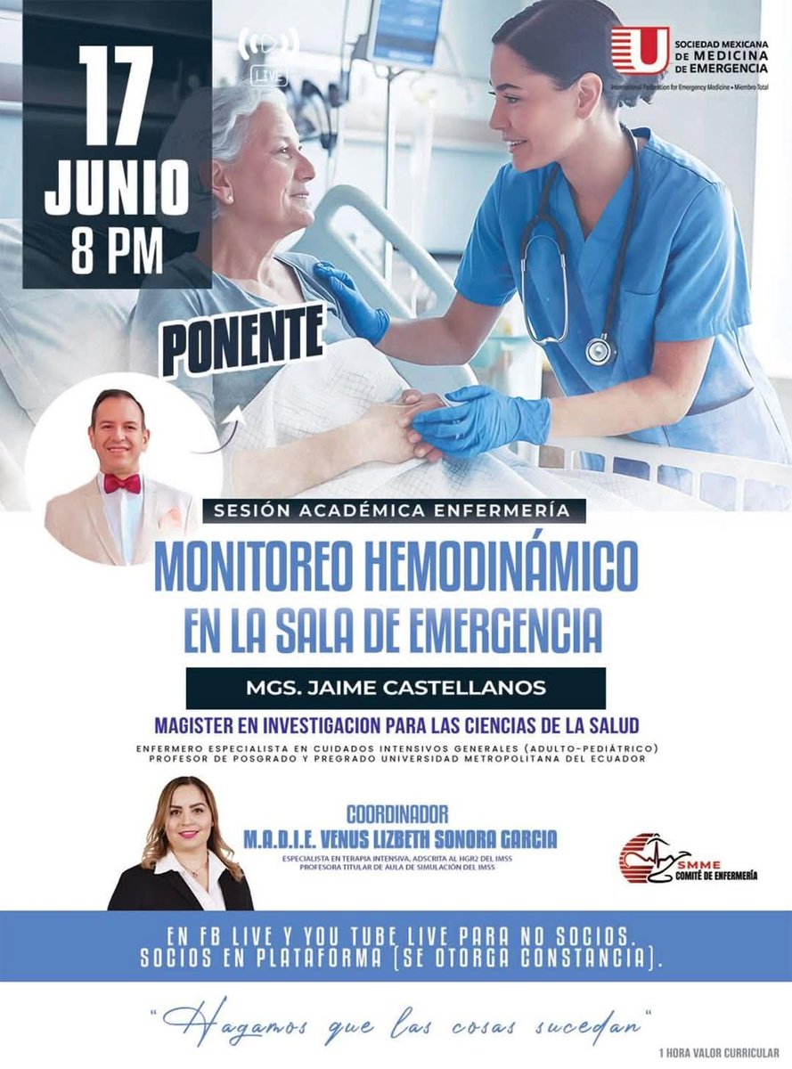 🚨 ¡YA ESTAMOS EN VIVO! 
✨ Monitoreo hemodinámico en urgencias
🩺 Con el M.G.S Jaime Castellanos
📍 FB Live y YouTube
🎓 Coordina: M.A.D.I.E Venus Sonora García
🔐 Constancia 👉 smme-ac.com (socios)

📲 facebook.com/share/v/15u7CV…
#SMME #EnVivo #EnfermeríaDeUrgencias