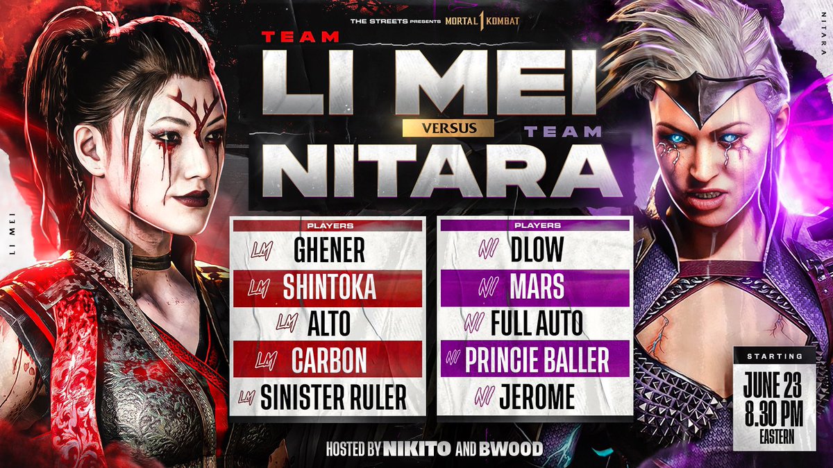 ME AND MY BROTHER <a href="/BWoodTTV/">SYN BWood</a> hosting a stacked 5v5 Character Battle
June 23
8:30 pm est
TEAM LI MEI VS TEAM NITARA!

🎥 Streamed on: twitch.tv/nikito_theone
Pot will be crowdfunded but come enjoy the vibes!

Who yall think gonna win? Sidebets?

<a href="/STierGamingCo/">STG</a> 
#MortalKombat