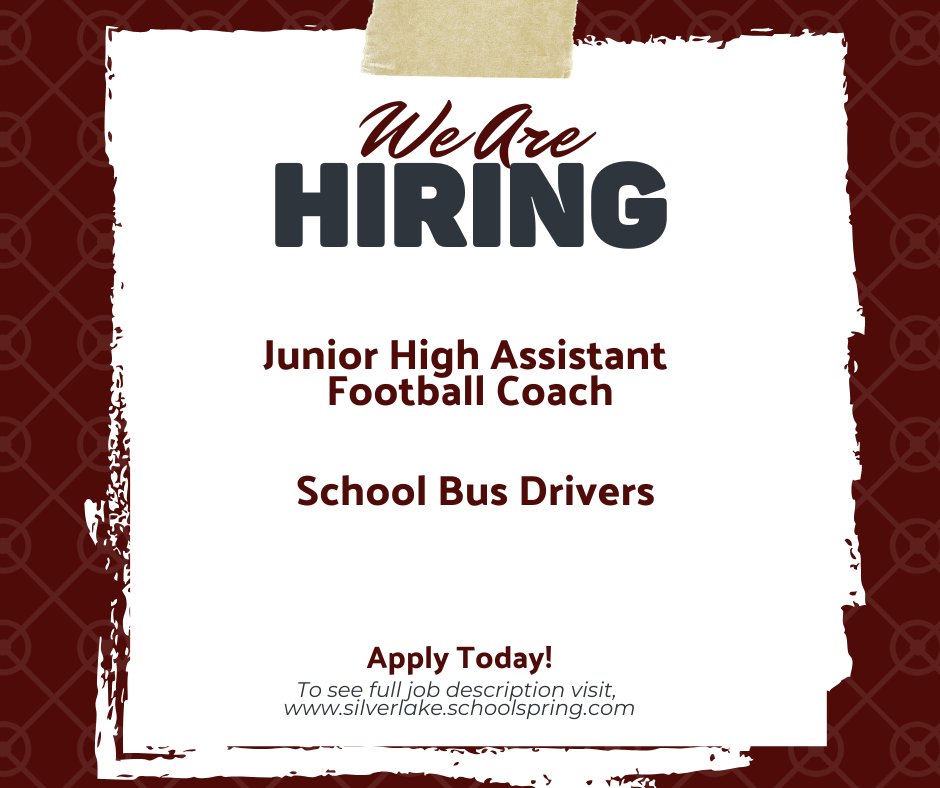 We are currently hiring for the 2025-26 school year, for an assistant junior high football coach as well as school bus drivers.  Apply online at silverlake.schoolspring.com  #SLEagles
